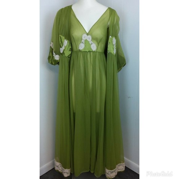 Incredible Vtg 2 Pc 100% Nylon Tricot Peignoir Nightgown & Robe Set Green Lace - Picture 5 of 12